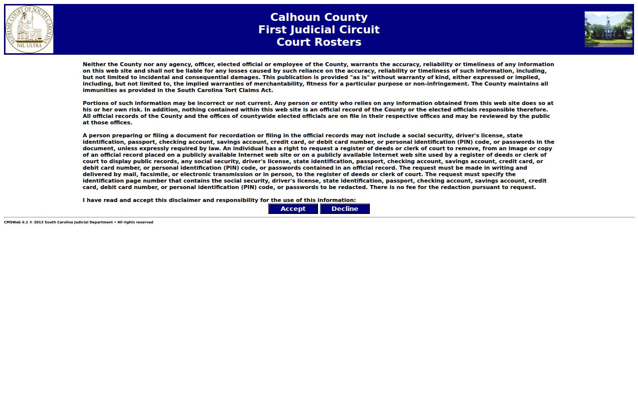 Calhoun County warrant lookup: county Court Rosters entry page
