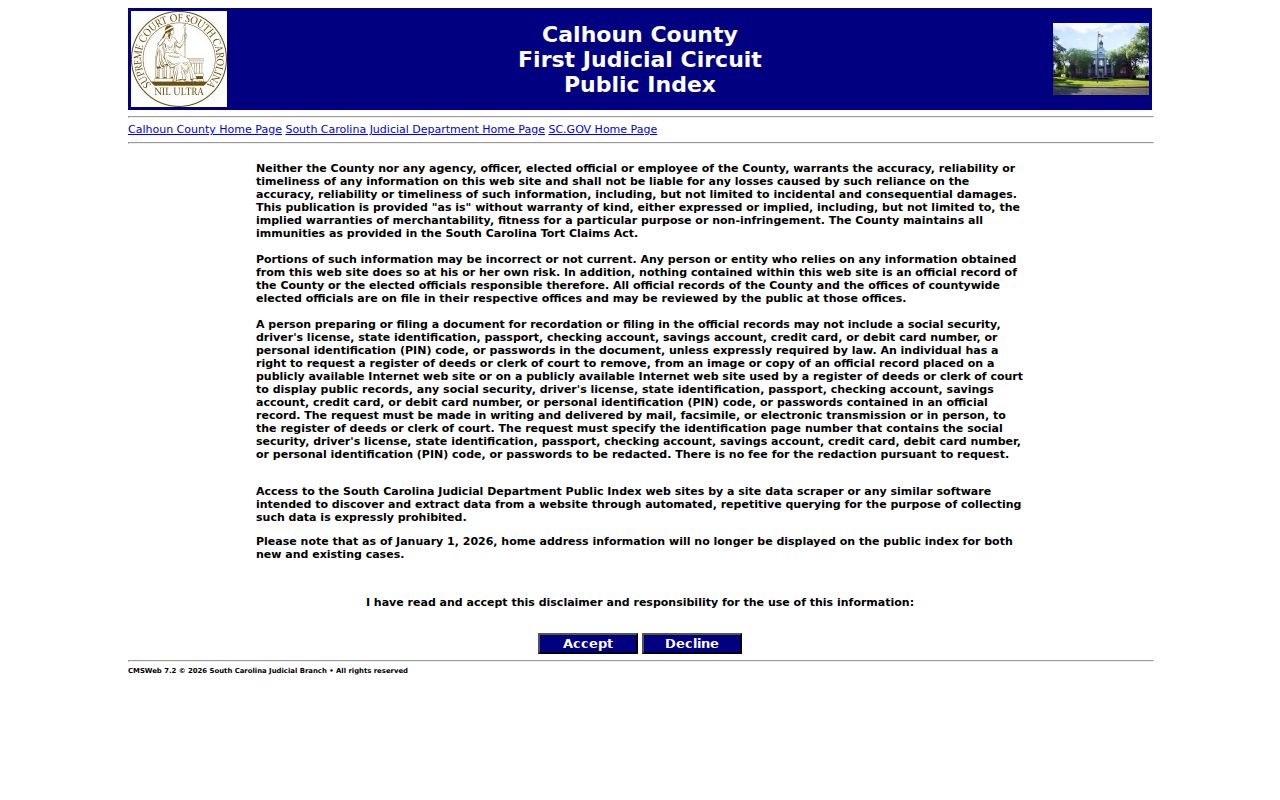 Calhoun County warrant records research: South Carolina Public Index search interface