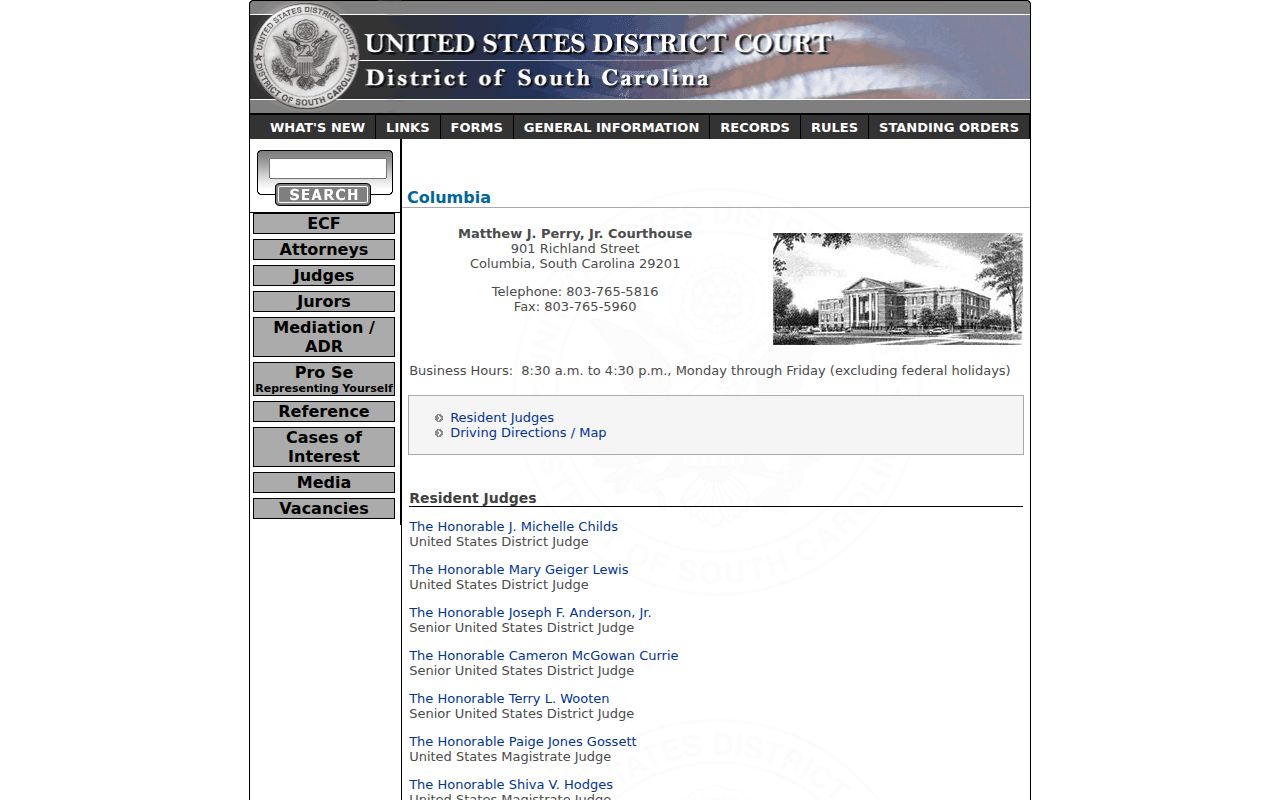 Calhoun County warrant lookup reference: Columbia federal courthouse contact page