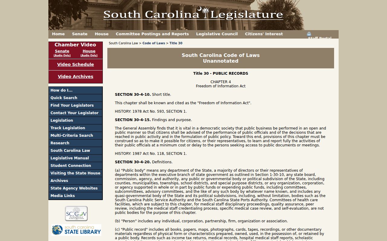 Calhoun County warrant records research: South Carolina FOIA statute