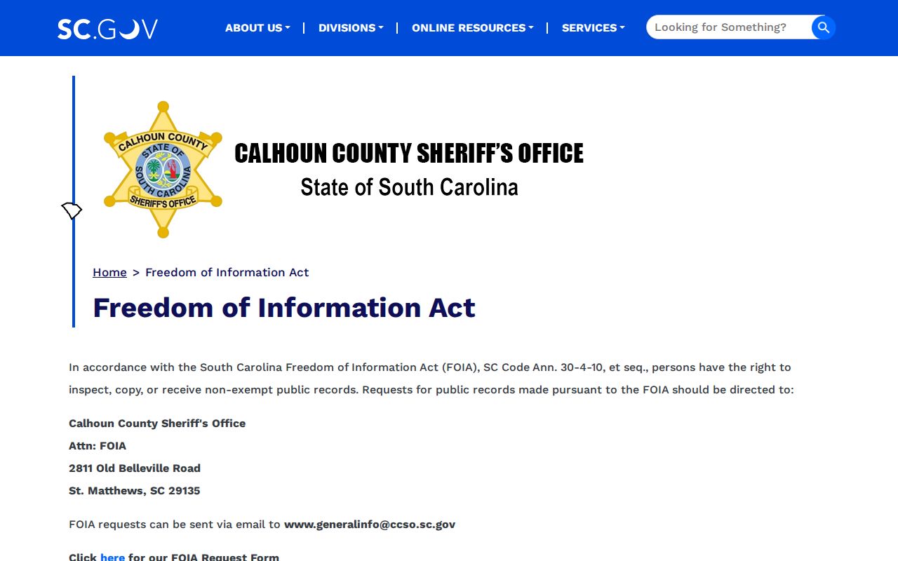 Calhoun County active warrant records: Sheriff FOIA instructions